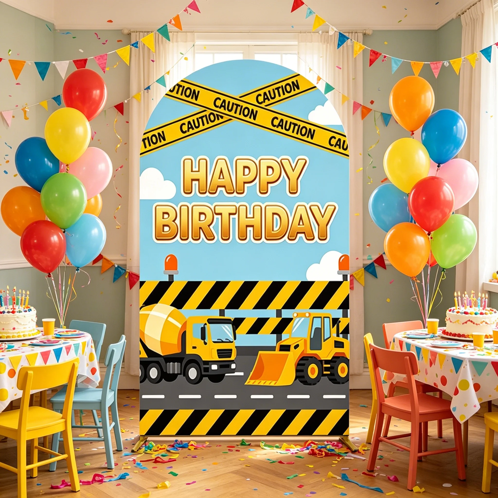 Construction Truck Arch Backdrop Cover Crane Excavator Cement Mixer Boy Kids Birthday Construction Themed Party Decor Background