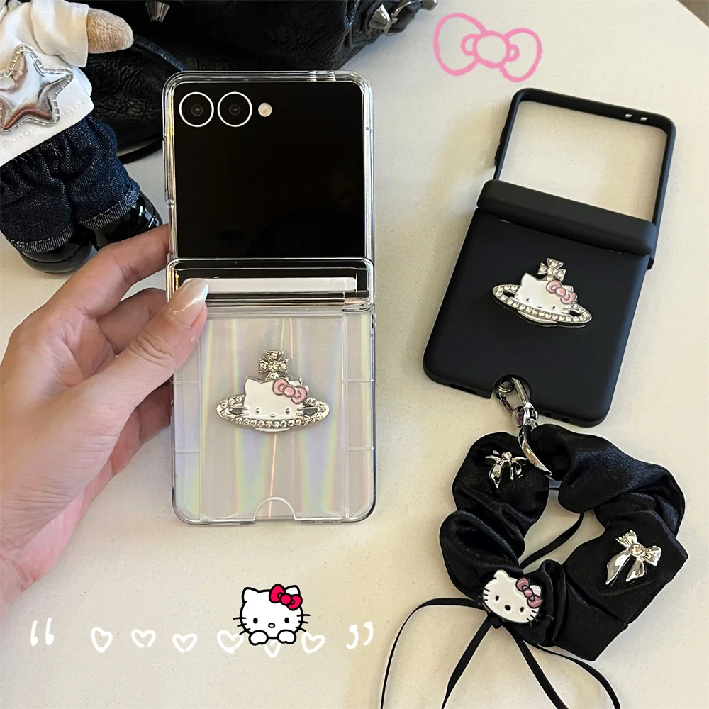 

Luxury flash diamond Hellokitty cute phone case for Samsung Galaxy Z Flip 7 Z Flip5 flip6 flip4 3 Funda with slot wrist strap co