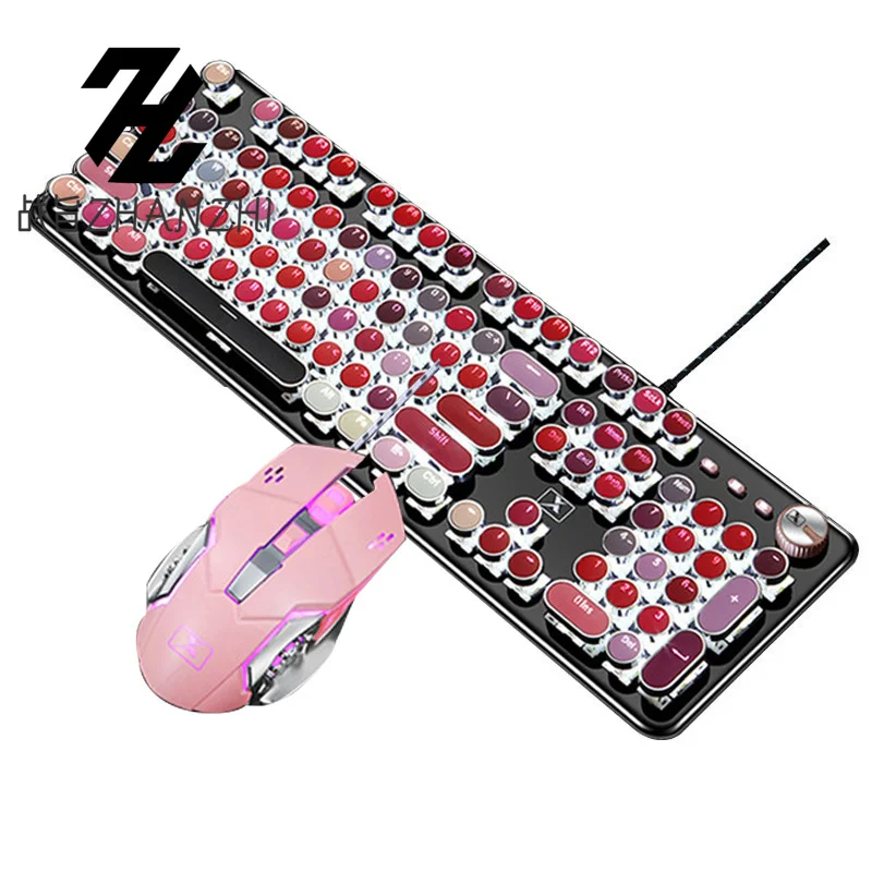 Game Mechanical Keyboard and Mouse Kit Universal Vintage USB Wired Blue Switch Round Keycaps Esports Pink Keyboard and Mouse Set