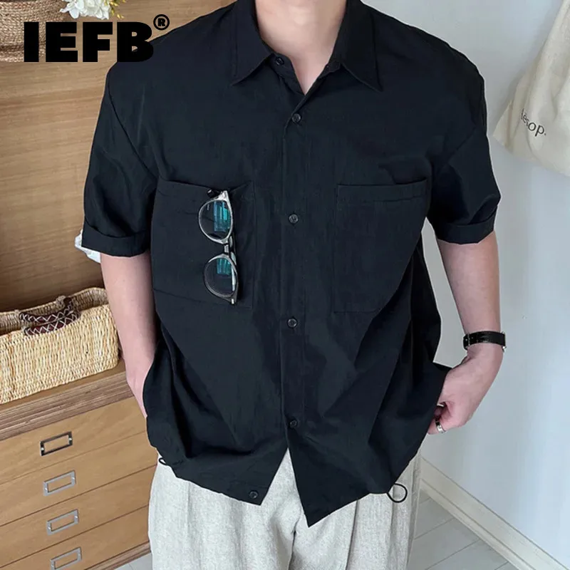

IEFB Niche Style Male Shirts Business Casual Drawstring Tops Turn-down Collar Short Sleeve Loose Male Clothing New 9C6425