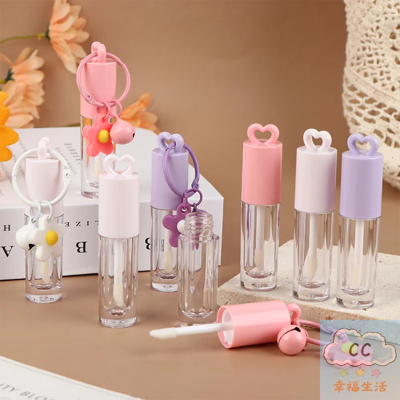 YY Heart-Shaped Lip Gloss Tube 2.5ml, Pink Empty Bottle with Keychain & Brush, Portable Lip Enamel Container for DIY Makeup Tool