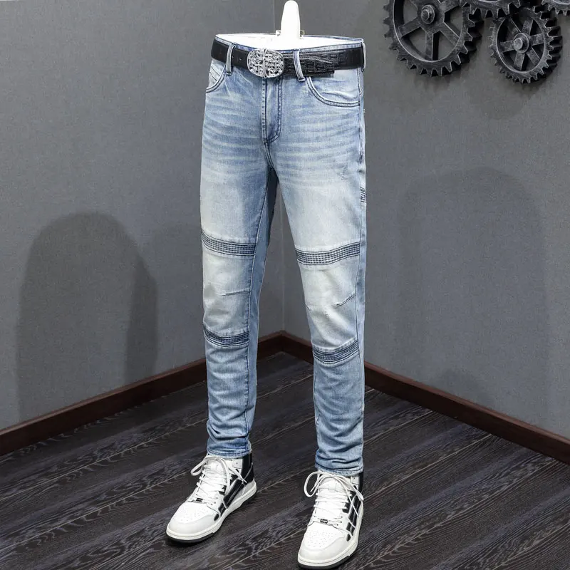 Street Fashion Men Jeans Retro Light Blue Stretch Slim Fit Spliced Biker Jeans Men Patched Designer Hip Hop Denim Pants Hombre