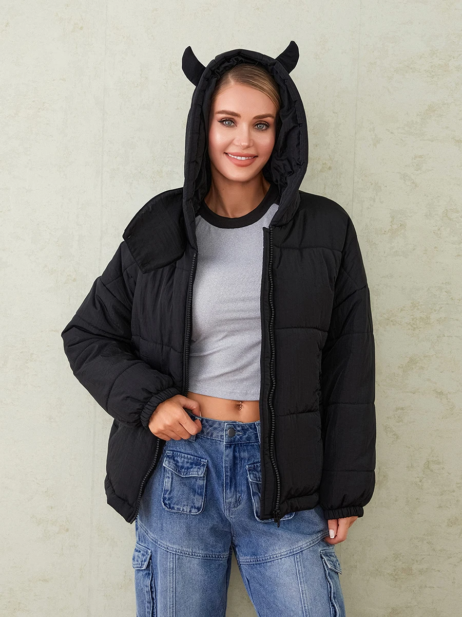 Women s Devil Horn Puffer Jacket Winter Warm Quilted Coat Long Sleeve Zip Up Outwear with Hood