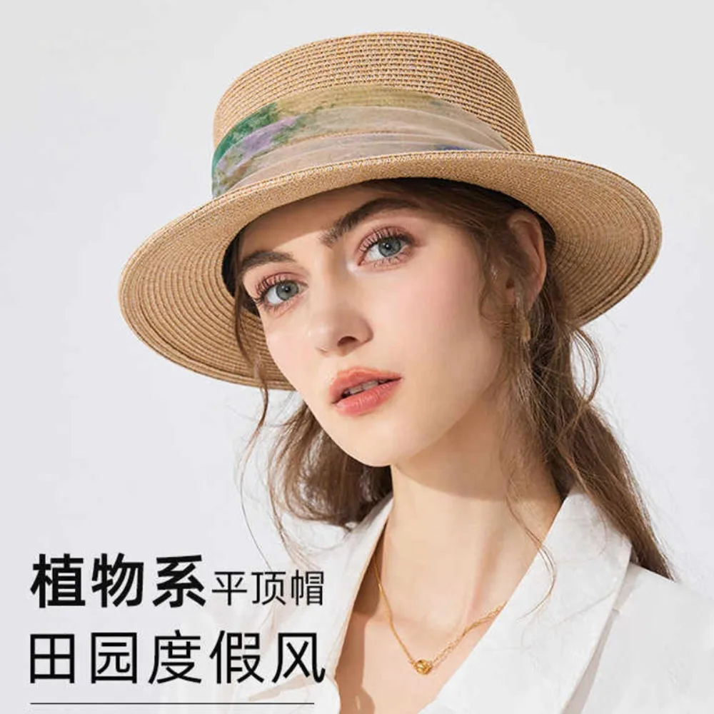 

2025 French Flat Top Hat Lafite Grass Big Hood Silk Scarf Sunscreen Premium Sunscreen Hat
