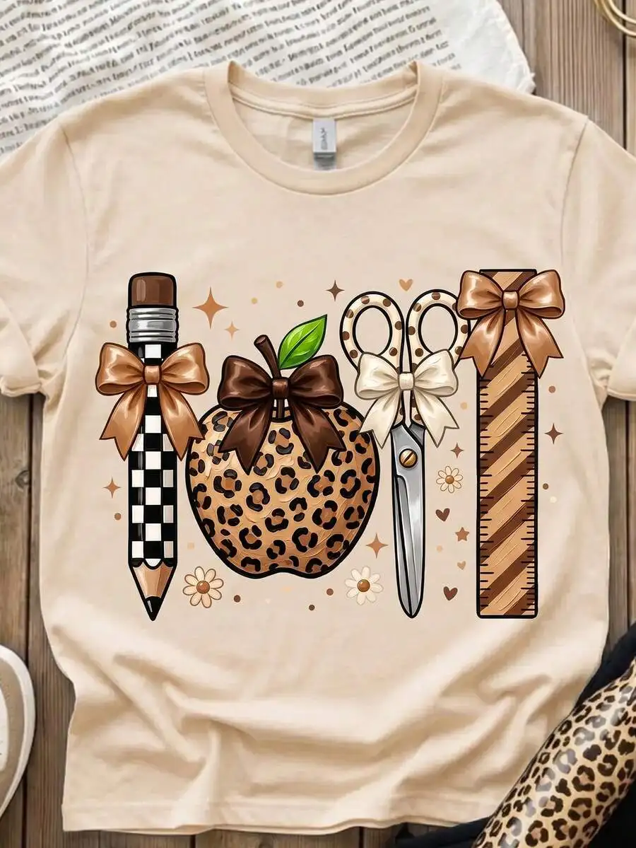 Women Casual Crew Neck Short Sleeve T‑Shirt Leopard Print Teacher Apple School Stationery Graphic Checkered Polka Dot Pencils Scissors Ruler Bow Casual Teacher Appreciation Top