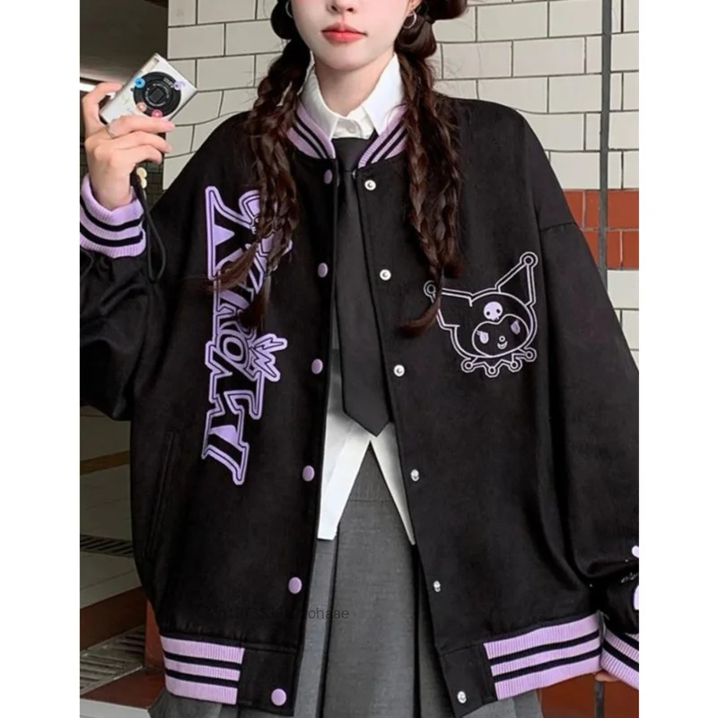 Sanrio Kuromi Loose Cardigan Shirt Women Cartoon Korean Fashion Jacket Spring Autumn Loose Tops Y2k Female Cute Black Thin Coat