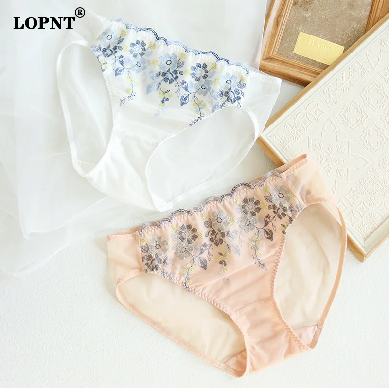 

Lopnt Middle Waist Women's Panties Flower Embroidery Seamless Panties Female Underpants Underwear Mulberry Silk Breathable Brief