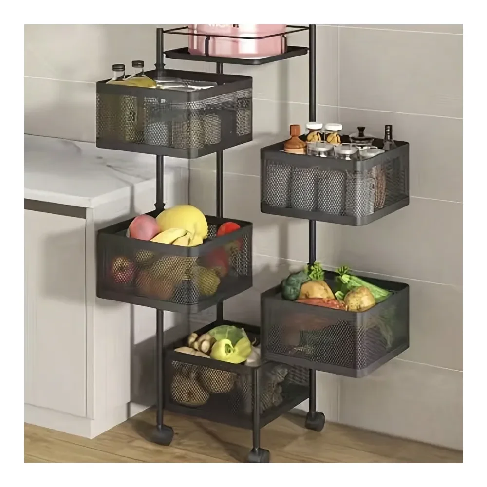 

Rotating Kitchen Storage Shelf 5 Tier, Metal Fruit Vegetable Storage Basket MultiLayer Vegetable Rack Storage Trolley On Wheels