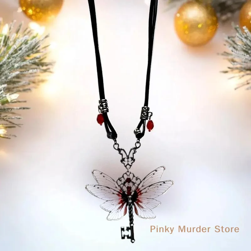 

{JYA2} Y2K Dragonfly Key Red Zircon Necklace Pendant Wings Retro Punk Leather Hip Hop Choker Trendy Women's Jewelry Gifts