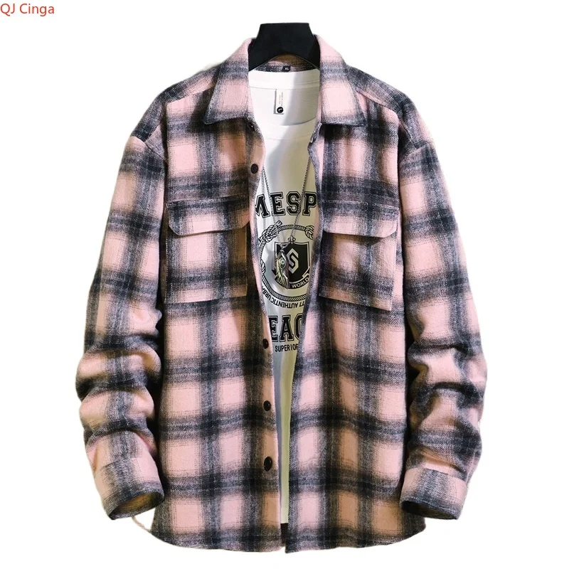 

2026 Новая мужская розовая рубашка в клетку, черные рубашки в полоску с воротником на одной пуговице и длинными рукавами. М-5XL
