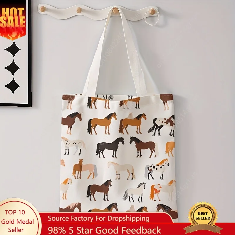 Polyester Horse Pattern Print Tote Bag Reusable Fashion Tote with Alphabet Print, Multi-Functional Handbag for Shopping Bags