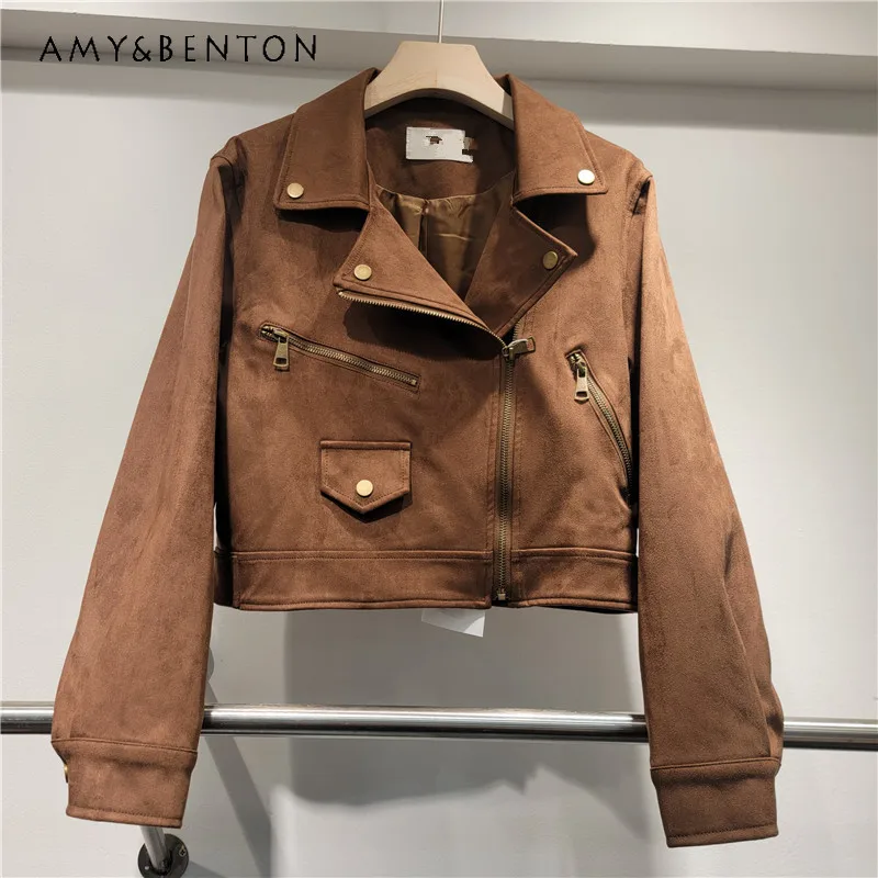 

Suit Collar Suede Motorcycle Jackets for Women 2024 Autumn Korean Fashion Street Personality Lapel Zipper Shorts Jacket Female