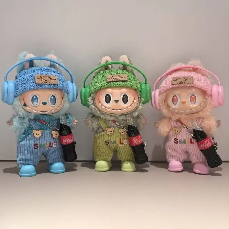 17cm Labubu 의류 마카롱 세트 어깨 끈 바지 모자 헤드폰 신발 음료 3.0 Labubu 의류 인형 액세서리 선물