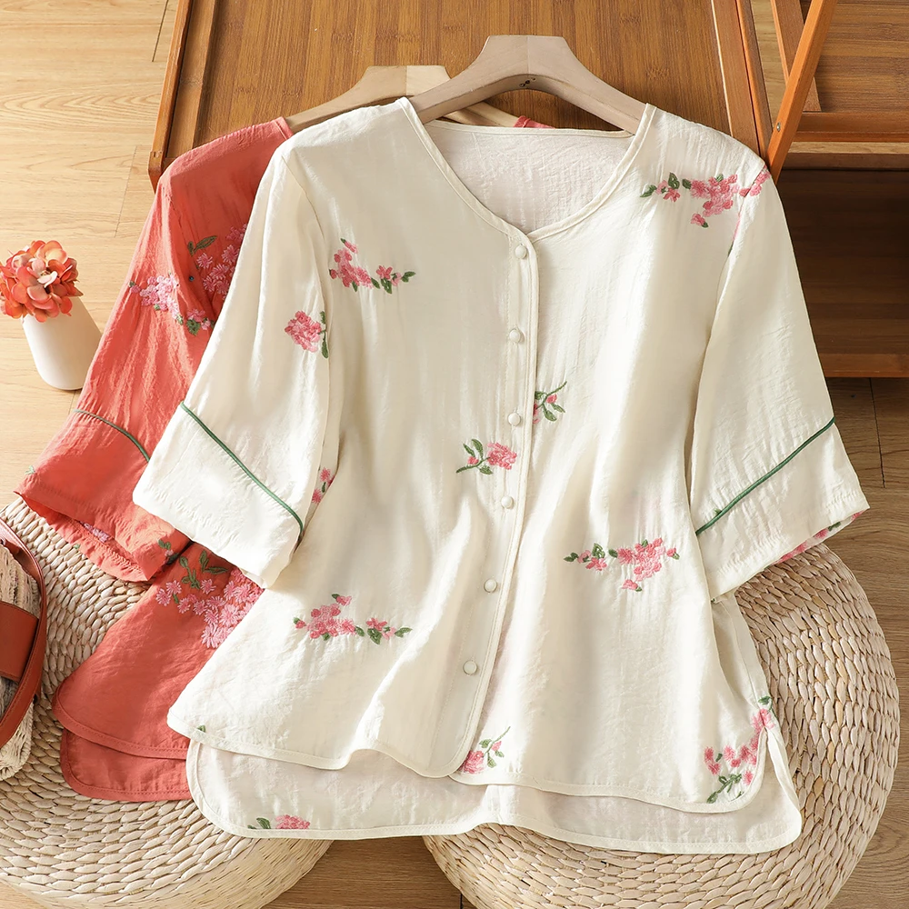 

plus Size Women's Cotton Linen Shirt Summer New Style Loose Mid-Sleeve Embroidered Top Slimming Outerwear Casual Commute Style