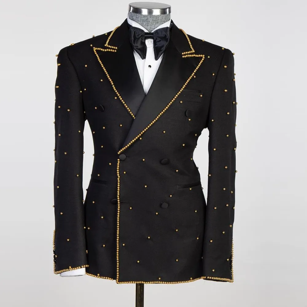 

Luxury Groom Wear Wedding Suits For Men Tailore Made 2 Pieces Gold Pearls Prom Men's Blazer Business Banquet Party Man Clothing