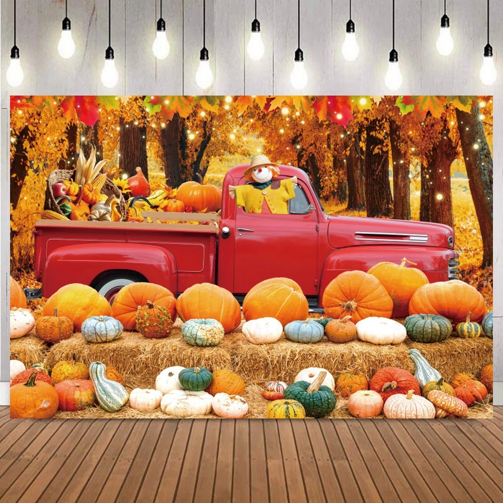 Autumn Scenery Photography Backdrop Fall Farm Barn Haystack Maple Pumpkin Truck Thanksgiving Baby Portrait Photo Background Prop