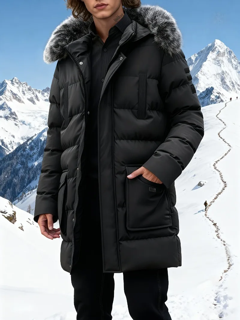 

Мужская зимняя куртка Стеганая куртка средней длины со съемным капюшоном из искусственного меха - утолщенное утепленное пальто, застежка-молния