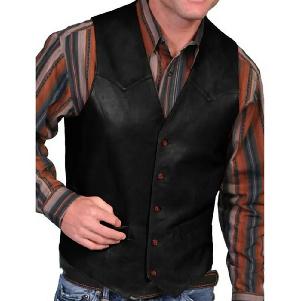 Chaleco de cuero con cuello en V para hombre, chaleco occidental sin mangas de una sola botonadura, chaqueta de cuero para motociclista, chaleco