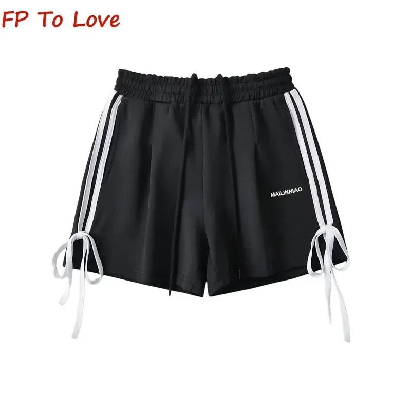 Y2K 2024 Retro Summer Sports Casual Pants Women Loose Wide Leg Pants Elastic Waist Spice Girls Side Stripe Tie Bowknot Shorts