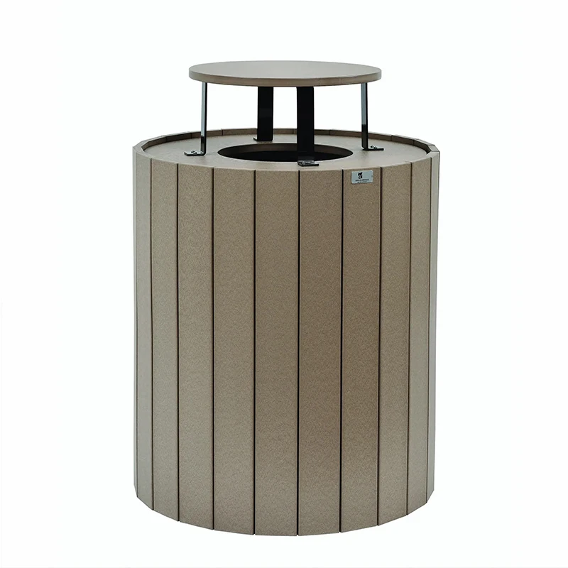 Urban Park Outdoor Trash Can Durable WPC Wood Metal Recycling Storage Bucket Standing Lid Contemporary Design for Indoor Outdoor