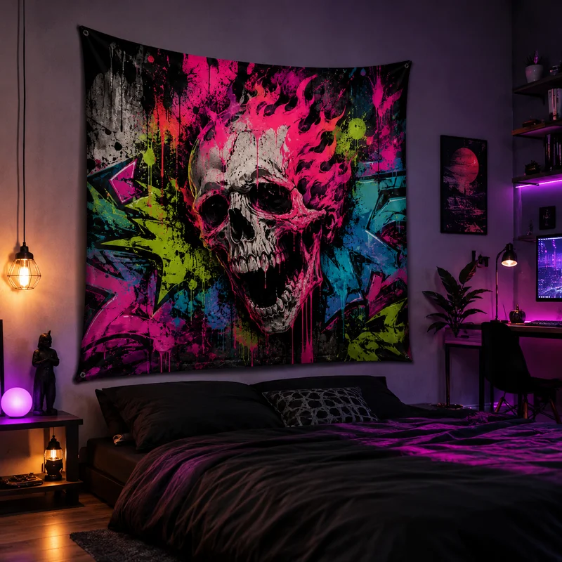 VIKAMA Street Graffiti Skull Wall Tapestry Bright Neon Style Teen Room Dorm Gaming Room Living Room Hanging Cloth Decor