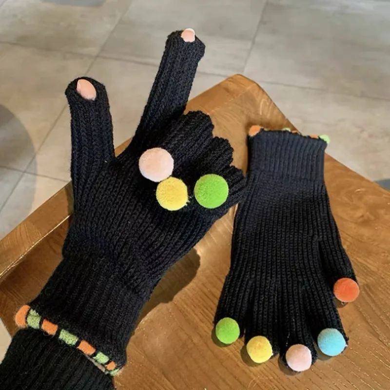 Fingertip Color Ball Knit Gloves Women Winter Cute Pom Pom Fingerless Touchscreen Warm Cycling Clown Gloves