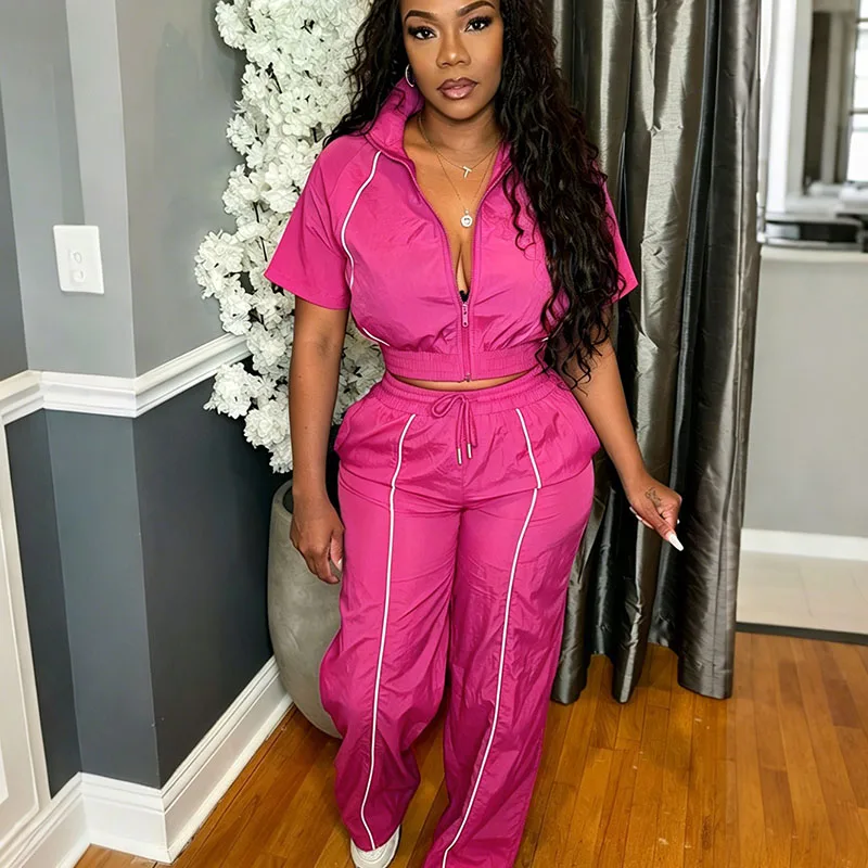 

Doyerl Active Wear Tracksuit Woman Two Piece Outfits Casual Joggers Zipper Short Sleeve Jacket Top and Sweatpants Ensemble Sport