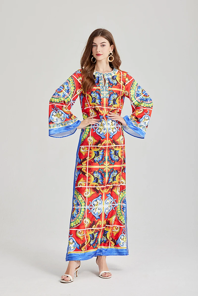 

New Summer Bohemian Holiday Loose Maxi Dress For Women Long Sleeve O-Neck Flower Print Side Split Muslim Robe Long Vestidos