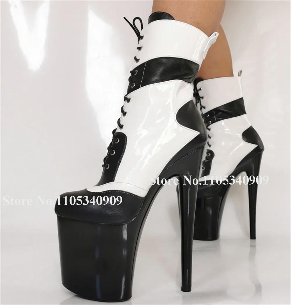 

Ботильоны Bondarenko Super High на шпильке 20 см, с круглым носком, на шнуровке, бело-черные, из лакированной кожи, на платформе, для танцев