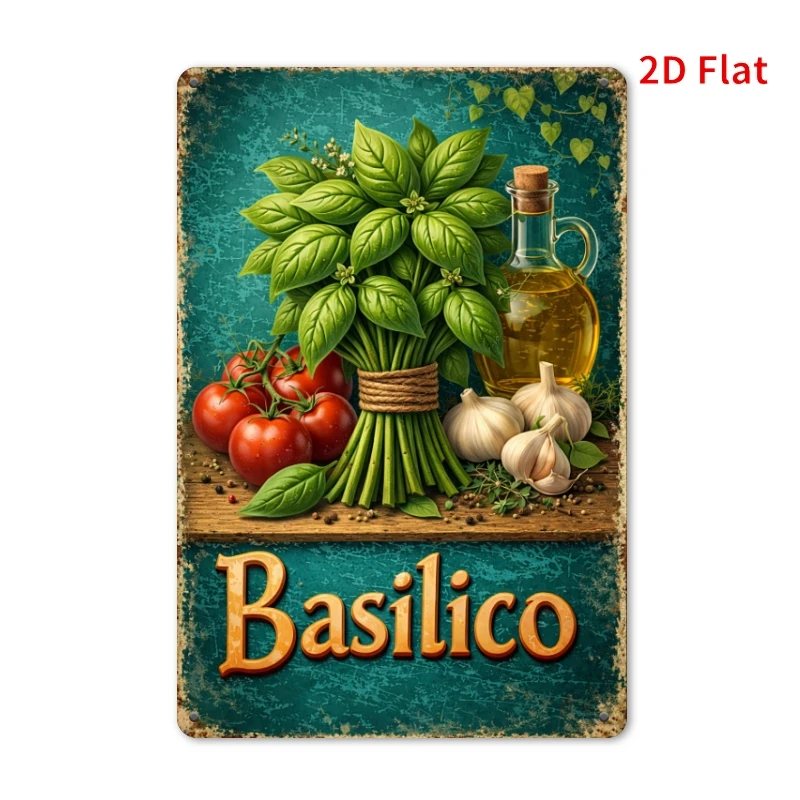 Vintage Basilico Herb Metal Tin Sign, Fresh Basil Tomato Olive Oil Wall Decor, Retro Italian Kitchen Plaque for Cooking Lovers