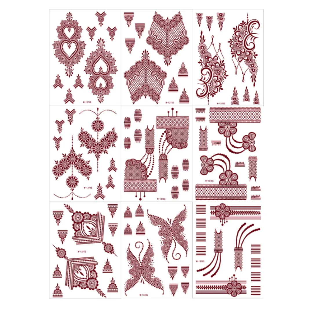 وشم مؤقت باللون الأحمر والبني وشم الحناء للنساء وشم الحناء من الدانتيل أنيق للحفلات والمهرجانات