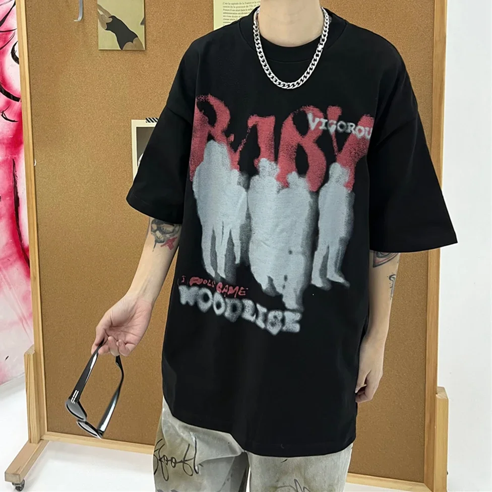 100% Pure Cotton Oversized T-shirt for Men Retro Letters Shadow Graphic T Shirts Hip Hop Streetwear Y2k Top Summer Short Sleeve