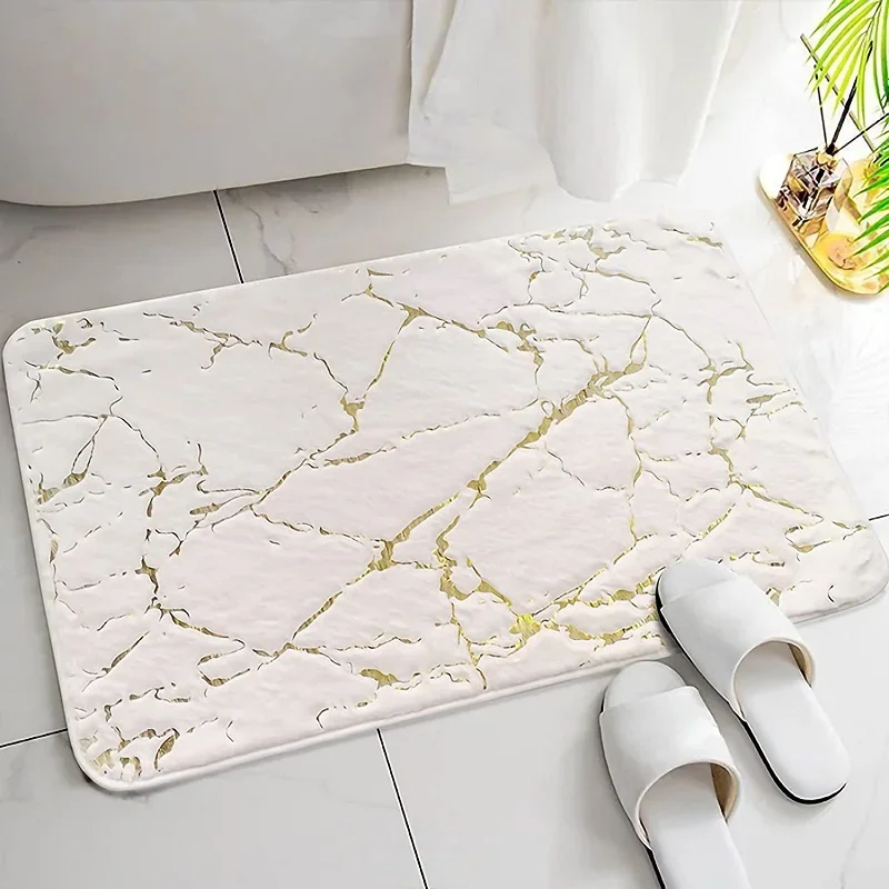 

Inyahome Bath Mats Bathroom Luxury White and Gold Non Slip and Soft Bathroom Rug Absorbent Bath Rug Decor Kitchen Indoor
