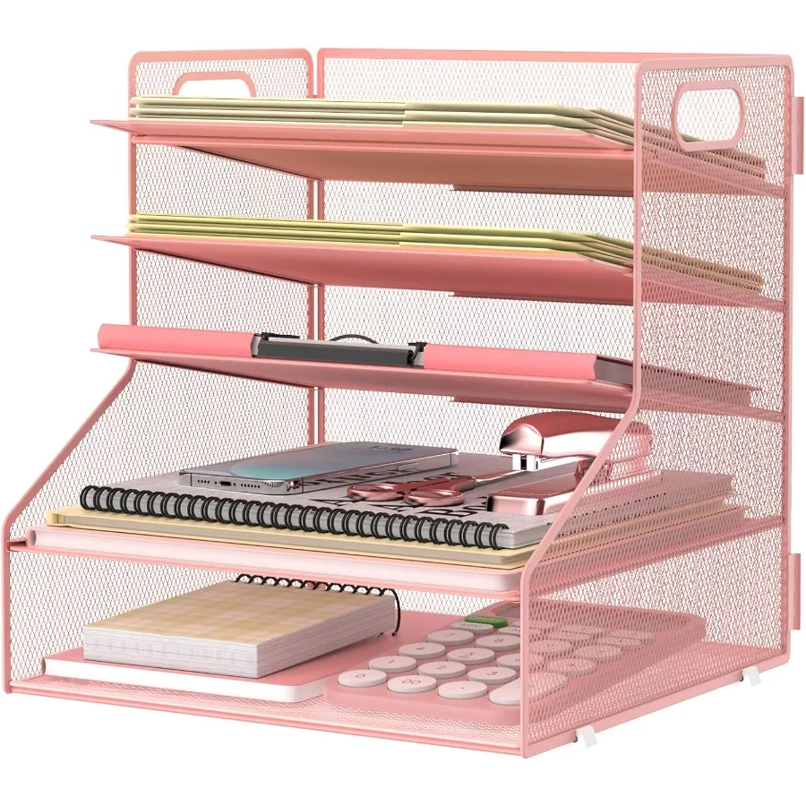 منظم ملفات مكتبي مكون من 5 طبقات مع صينية ورق معدنية لتنظيم المكاتب المنزلية الفعالة وتصميم اللون الوردي لتعزيز Wor #2