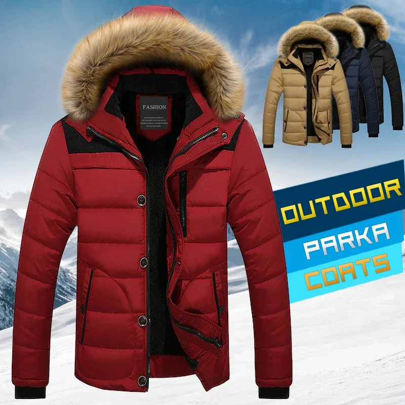 

Мужская теплая куртка с меховым воротником, Зимняя парка с капюшоном, пуховик, верхняя одежда, плотное мужское теплое пальто с шерстяной подкладкой