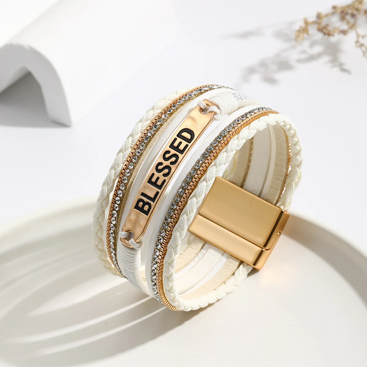 Fashion PU Weaving Bracelets Alloy Sheet Multi-layer Crystal Inlaid Bangle Unisex Leather Hand Rope Party Jewelry