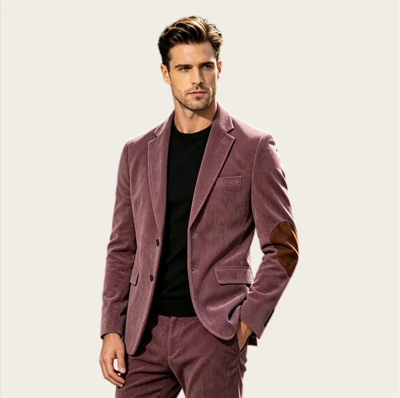 Retro Men's Suits Corduroy Tuxedos Long-Sleeved Slim Fit Patchwork Workwear Casual Outerwear Business Jacket Pants Male Blazer