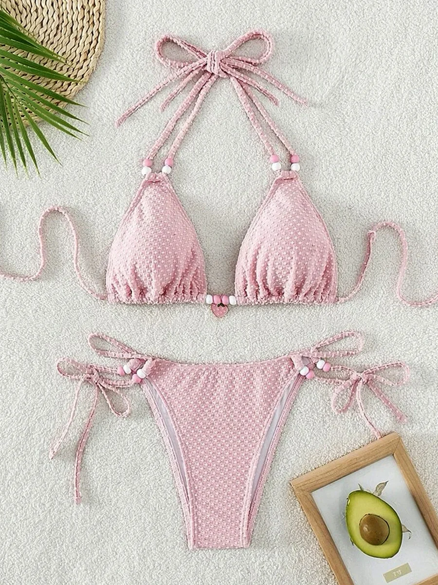 2027 Pleated Halter Beads Bikini Female Swimsuit Women Swimwear Two-pieces Bikini Set High Cut Bather Bathing Suit Swim Lady