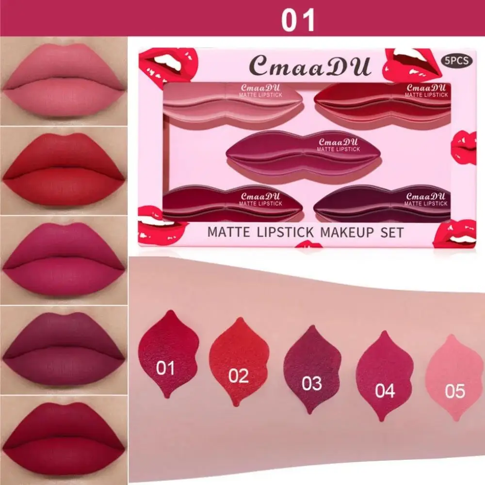 5-teiliges mattes Lippenstift-Set, samtig, glatt, langlebig, hochpigmentiert, wasserfestes Lippen-Make-up-Set mit eleganter Geschenkbox