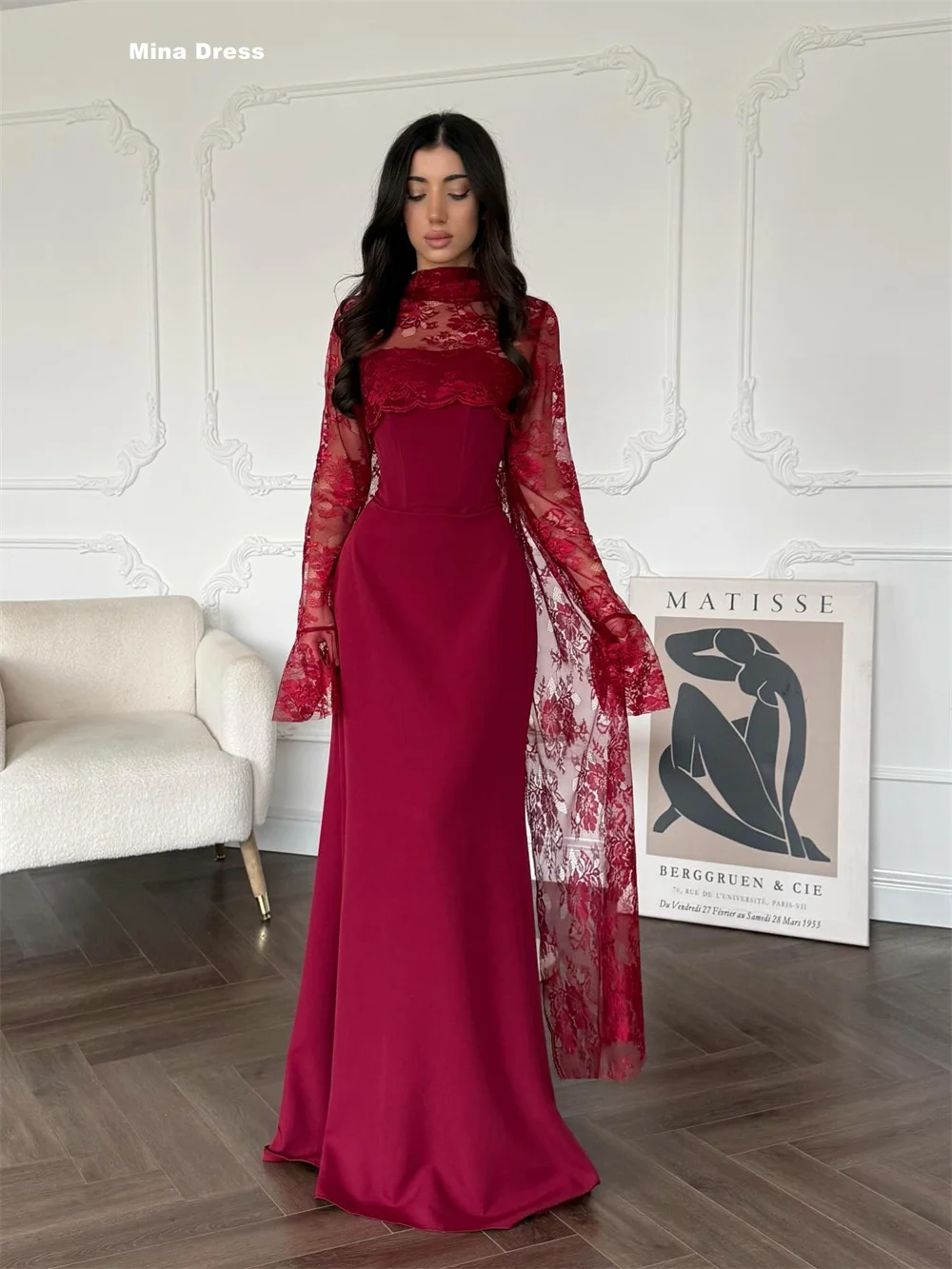 

Вечерние и торжественные платья Mina на заказ, винно-красные, с кружевной вышивкой, длинными рукавами, роскошные вечерние платья, брендовые, с круглым вырезом