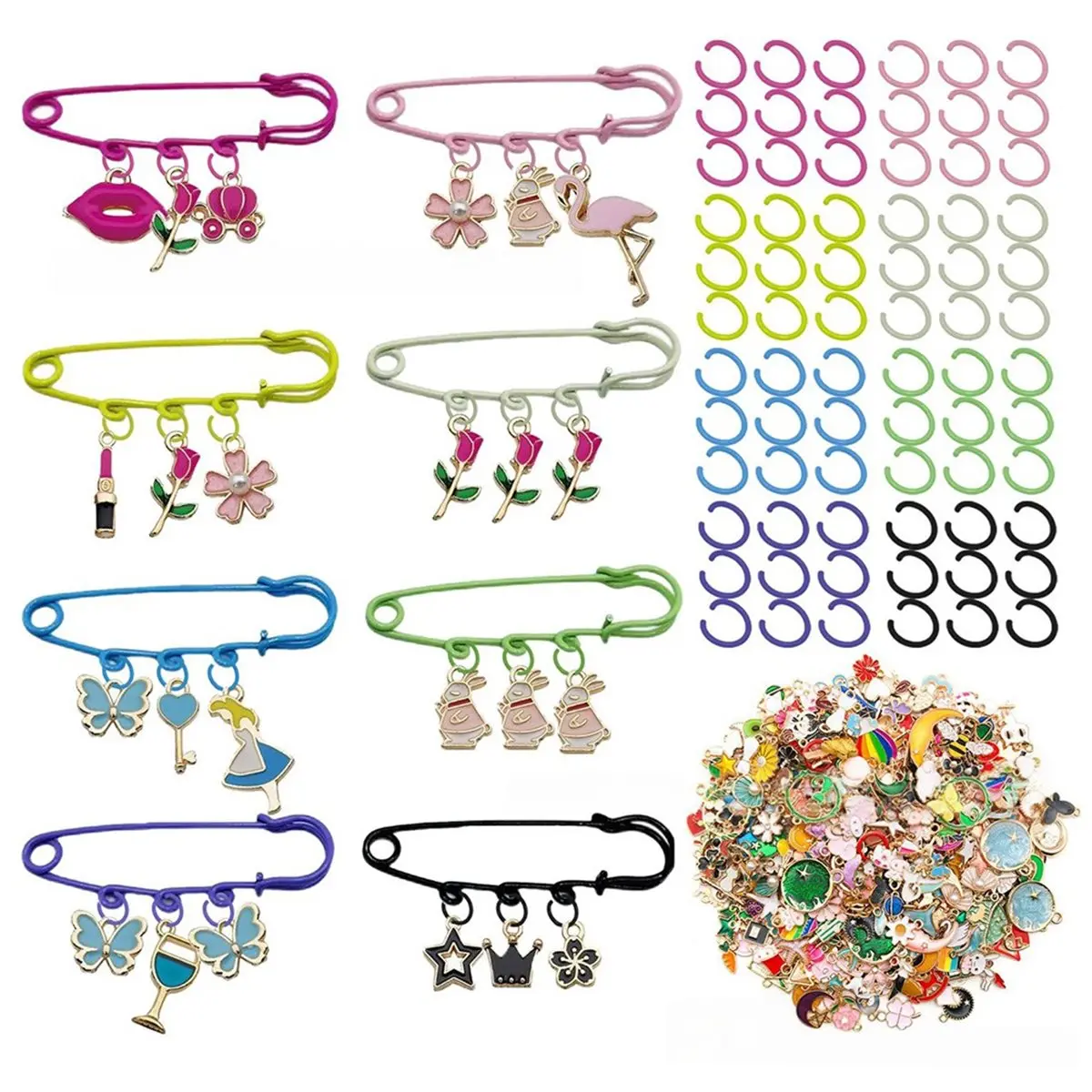 PROMOTION!68-Piece Colorful Waist-Cinching Pin Set - Includes 30 Small Rings (Random Colors) and 30 Charms (Random Styles)