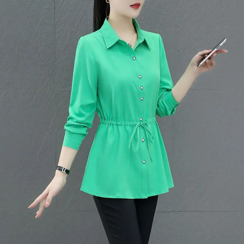 Elegant Fashion Lace Up Button Up Shirt Women Spring Autumn Casual Solid Slim Long Sleeve Tunic Ladies Tops Blouses Clothes 2023