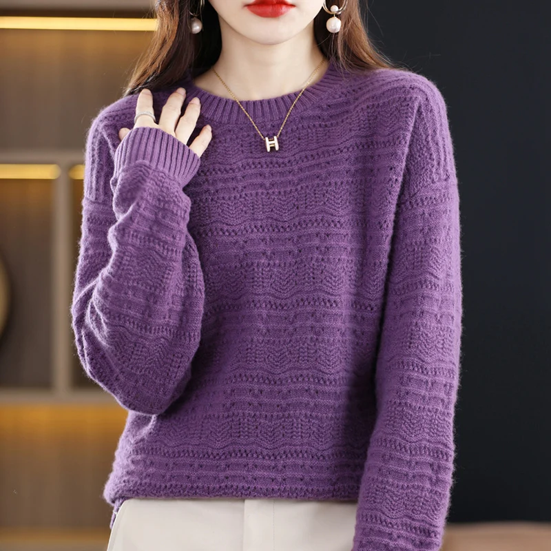 

2024 Autumn Winter Women 100% Merino Wool Sweater Hollow Out Loose O-Neck Knitted Pullover Casual Thick Cashmere Clothing Top