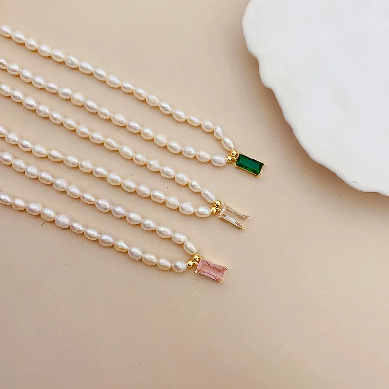 ALLNEWME Vintage Freshwater Pearl Chokers Necklaces for Women White Green Pink CZ Cubic Zircon Pendant Necklace Casual Jewelry