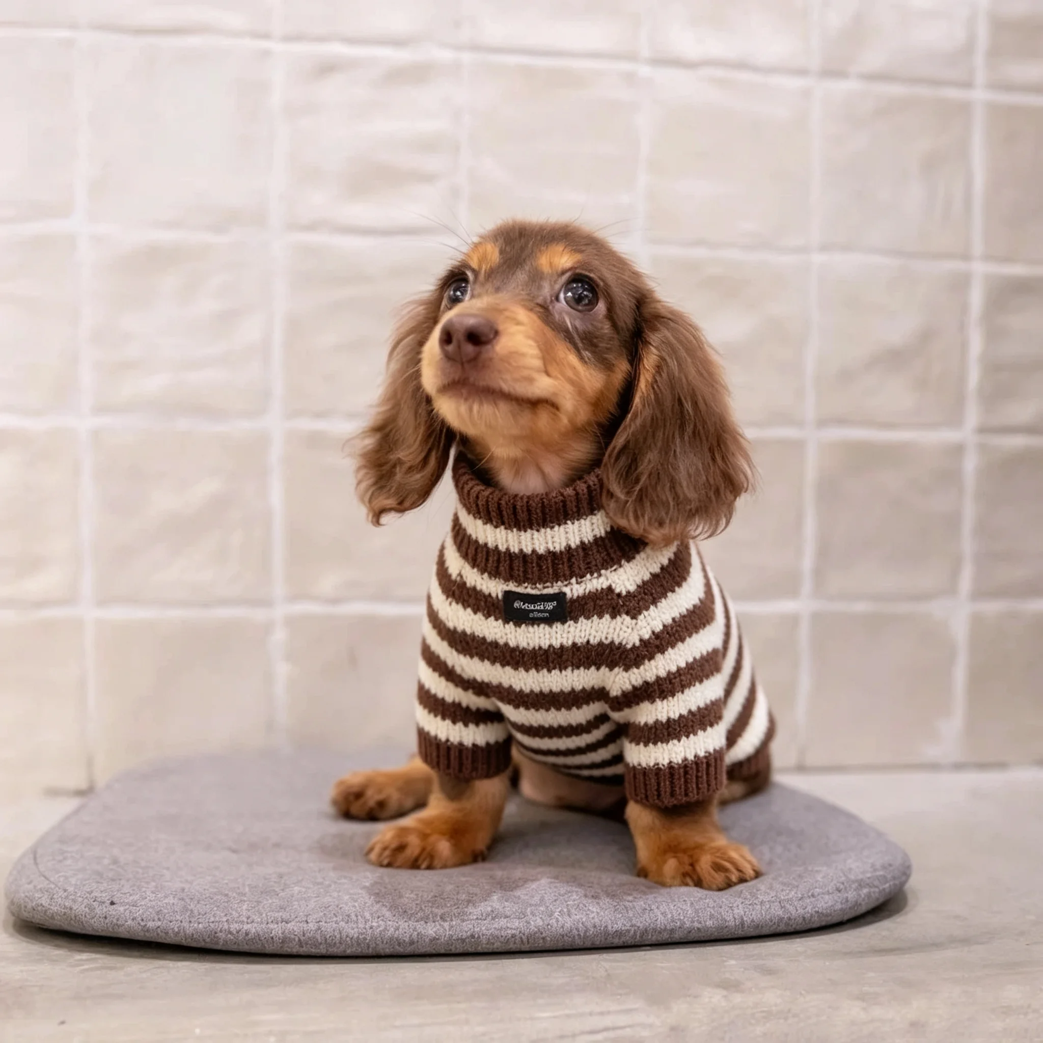 Op maat gemaakte herfstjas met strepen voor teckelhonden, warme, bruine winterkleding voor teckelhonden, zachte trui voor wienerhonden.