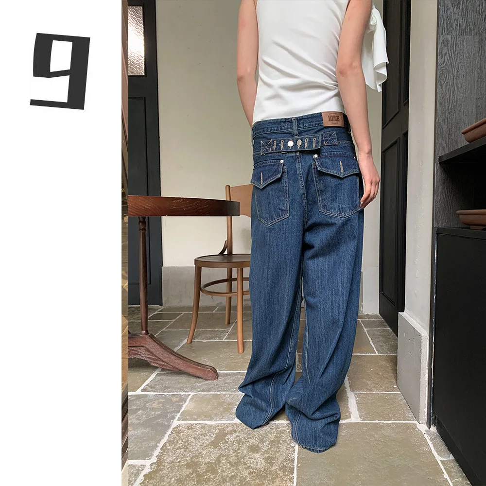 Szerokie jeansy damskie vintage dżinsy spodnie do ziemi niski stan postarzane sprane kieszenie streetwear luźne spodnie 2025