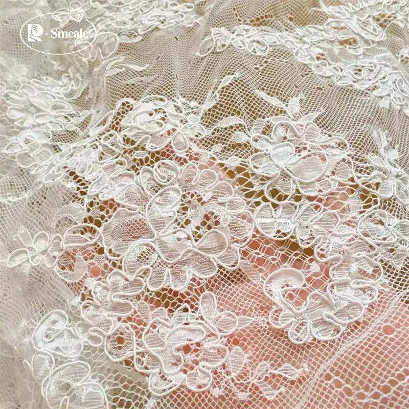 3MX1,5M NEUE Handgefertigte Kordel-Stickerei Wimpernspitzenstoff für Hochzeitskleider, DIY Nähen Weißer Spitzenstoff – Detail 3