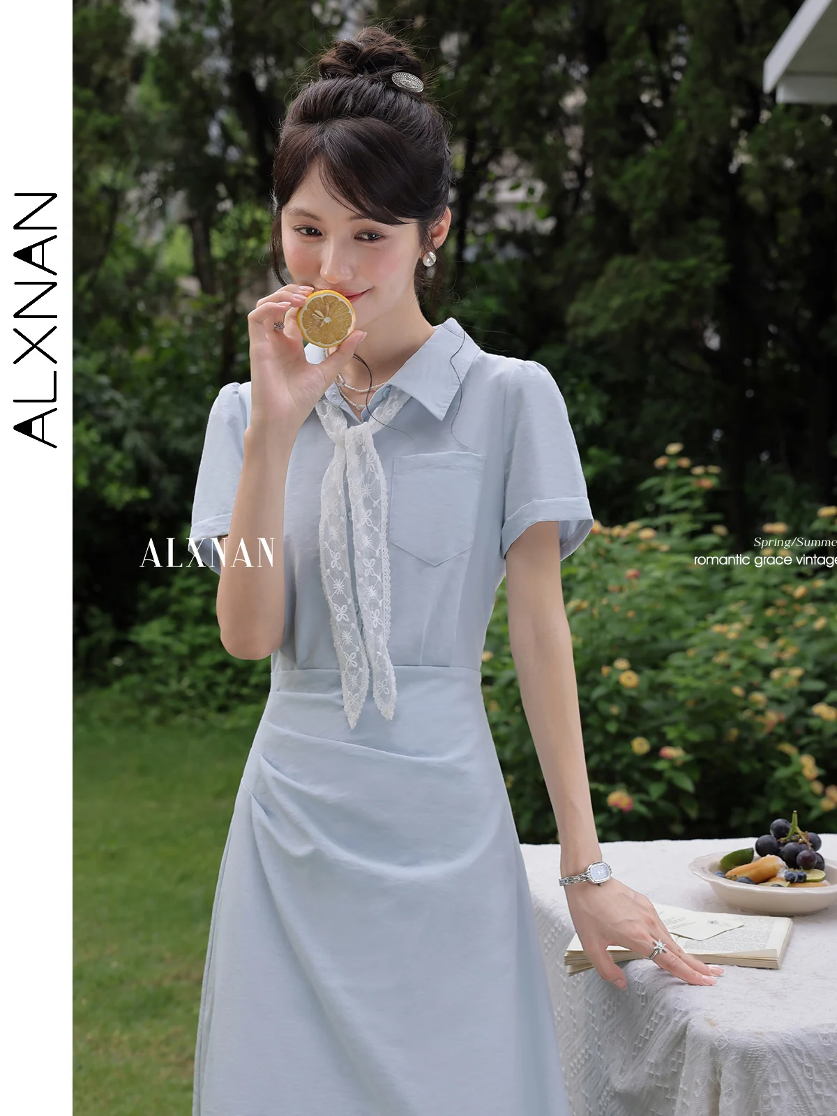 

ALXNAN Women's Long Dress Elegant A-line Polo Neck Waist-length Dress 2025 Summer Holiday Beach Casual Ladies Clothing DYL661879