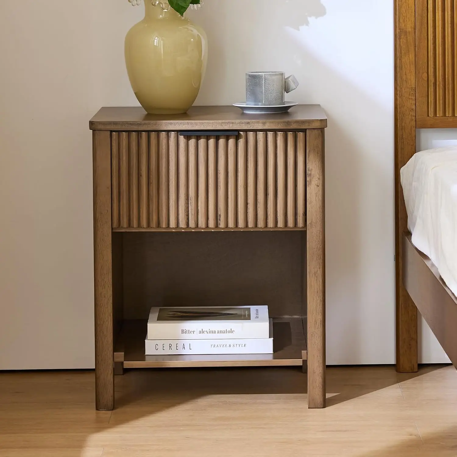 Fluted Wood Nightstand Drawer & Shelf, Mid Century Table, 1.6