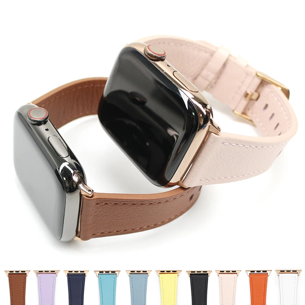 

URVOI Leather Band for Apple Watch ultra 2 series 10 9 8 7 6 SE 54 strap for iWatch Rose gold adapters buckle wristband 42 46mm